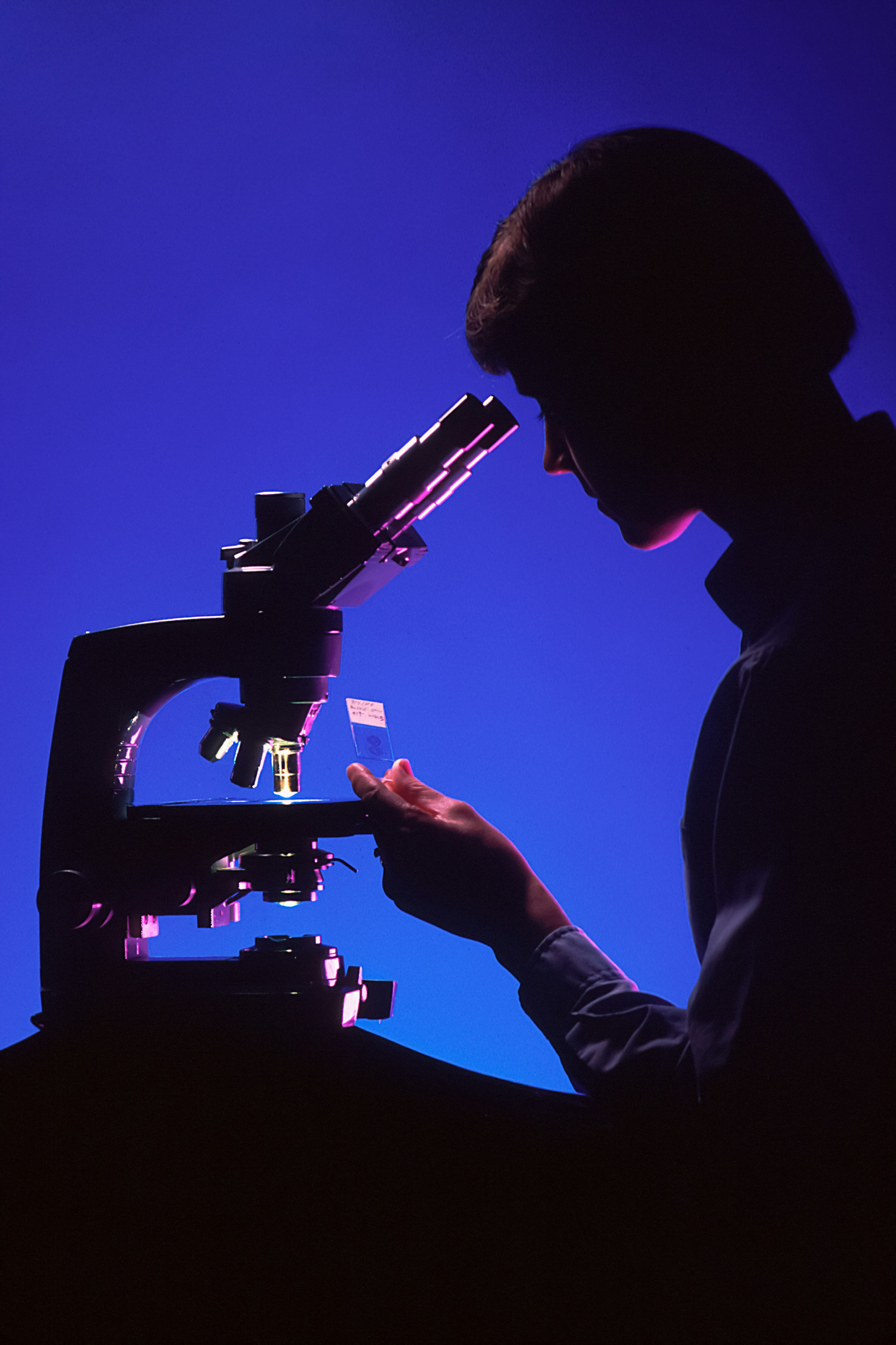 Silhueta de um pesquisador debruçado sobre um microscópio, sob luz azul