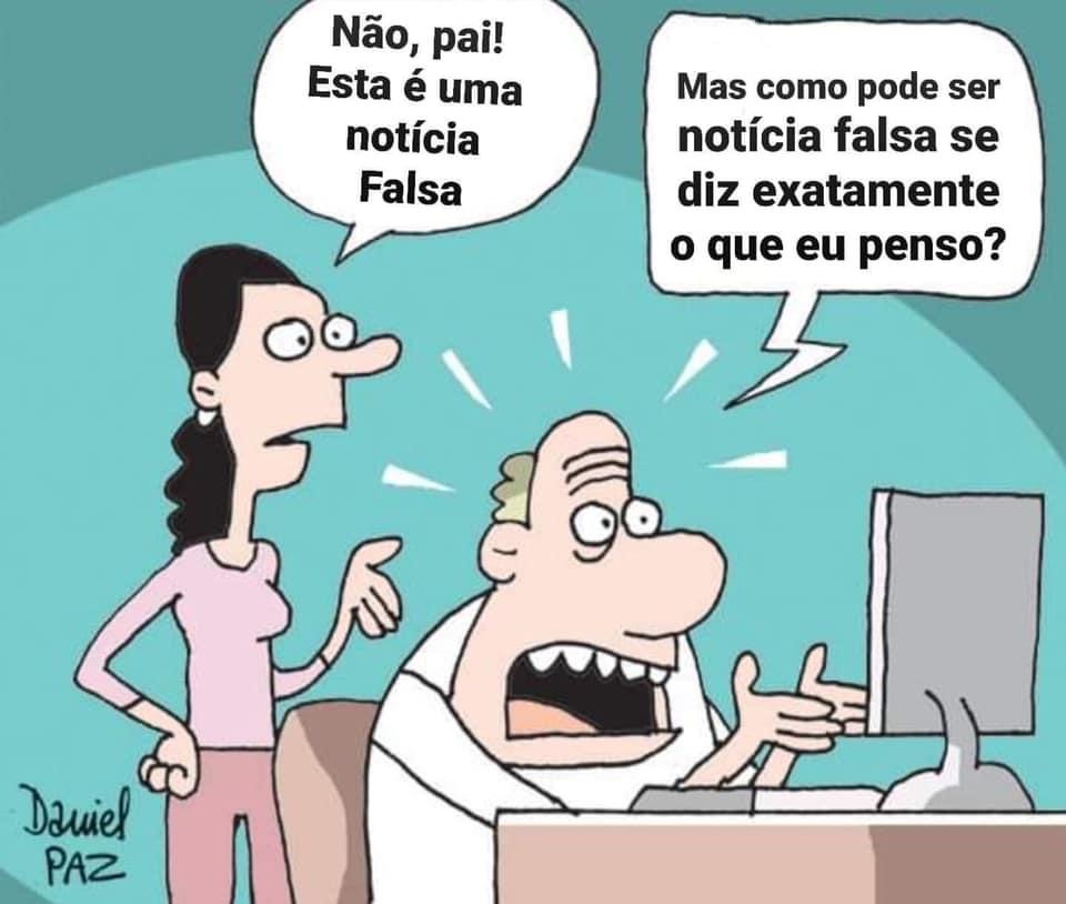 Charge de um pai que se recusa a aceitar que uma notícia é falsa porque ela diz exatamente o que ele pensa