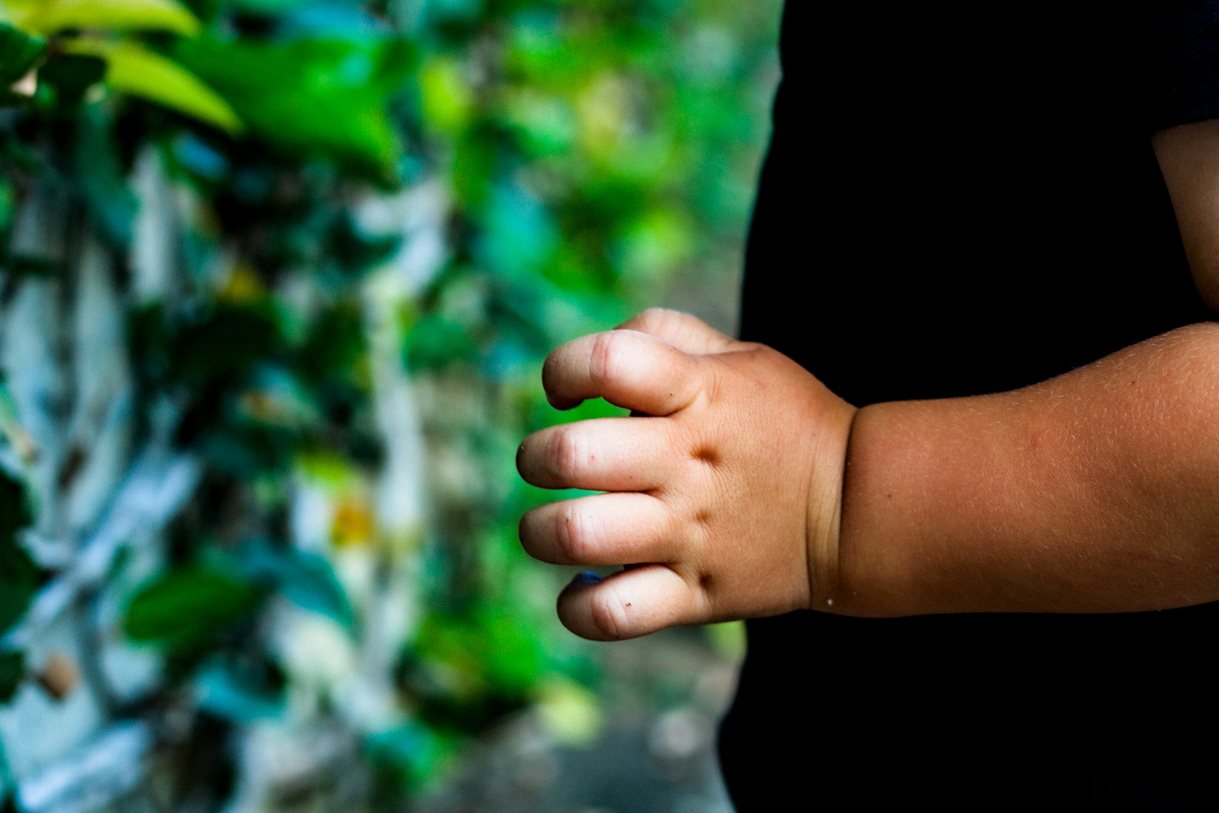 Mão de uma criança pequena estendida ao lado de folhagem verde